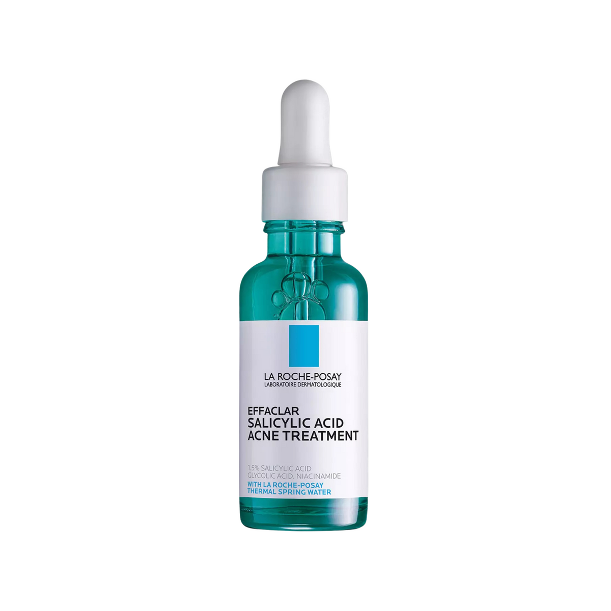 Refect Beauty La Roche-Posay Effaclar Salicylic Acid Acne Treatment serum in a teal glass bottle with a dropper cap.