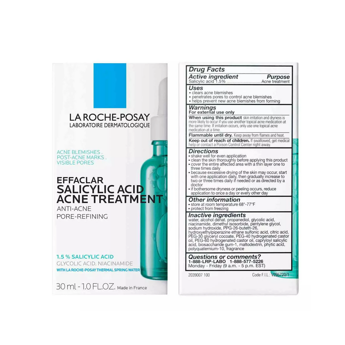 Refect Beauty La Roche-Posay Effaclar Salicylic Acid acne treatment serum bottle and packaging box with drug facts.