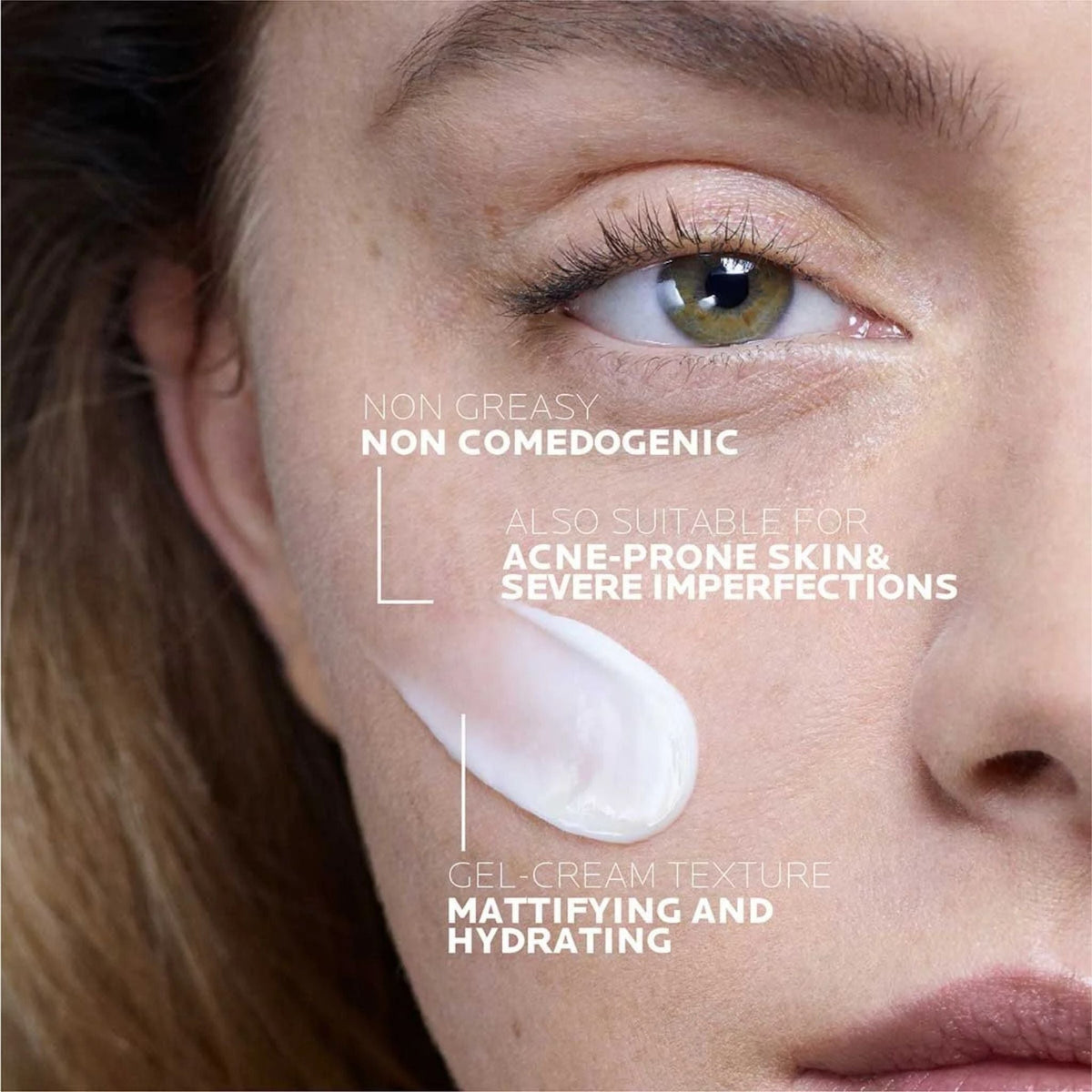 Refect Beauty La Roche-Posay Effaclar Duo+M cream applied to a woman's cheek showing its lightweight gel-cream texture.
