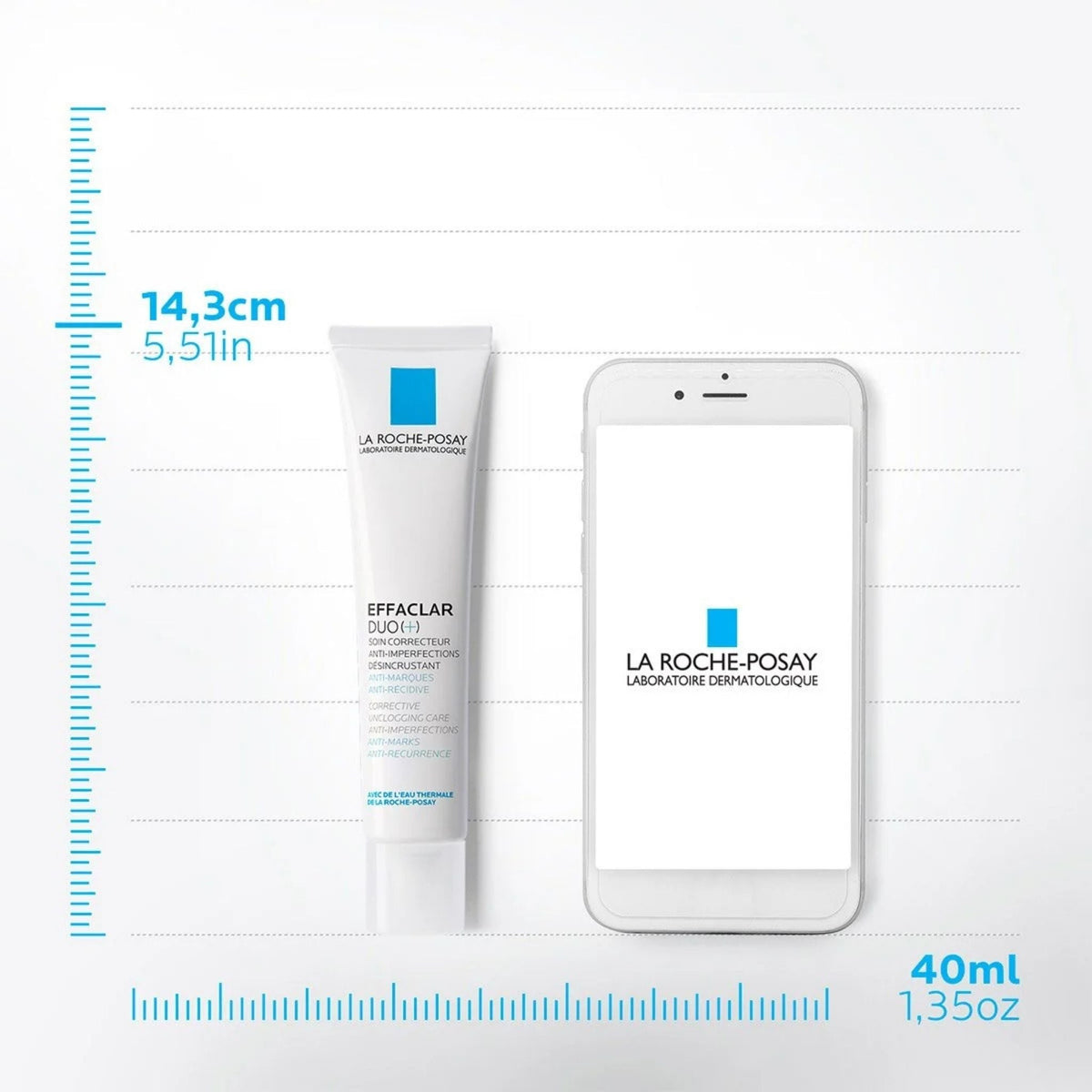 Refect Beauty La Roche-Posay Effaclar Duo+ acne treatment cream tube next to a smartphone for size reference.