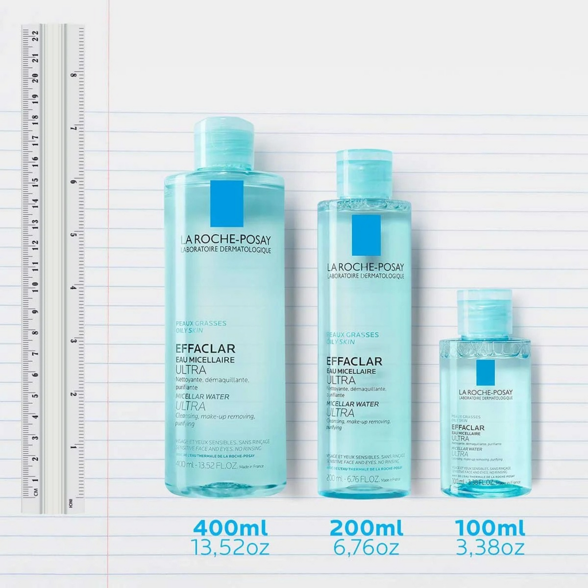 Refect Beauty La Roche-Posay Effaclar Micellar Water bottles in 400ml, 200ml, and 100ml sizes next to a ruler.