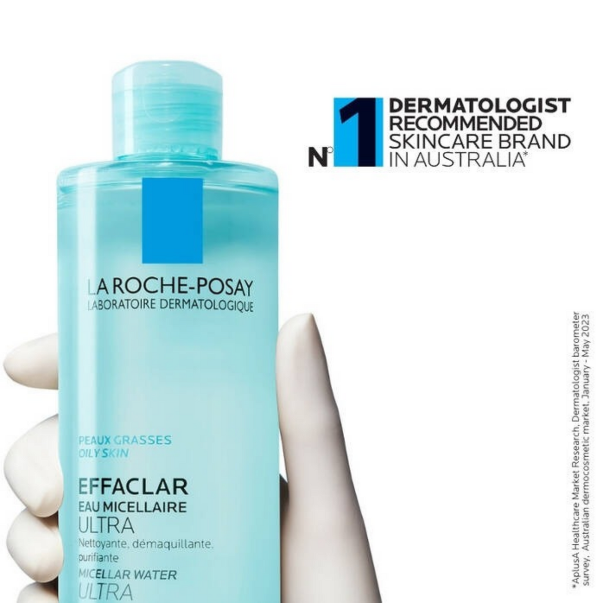 Refect Beauty La Roche-Posay Effaclar Micellar Water for oily skin in a clear blue bottle held by a gloved hand.