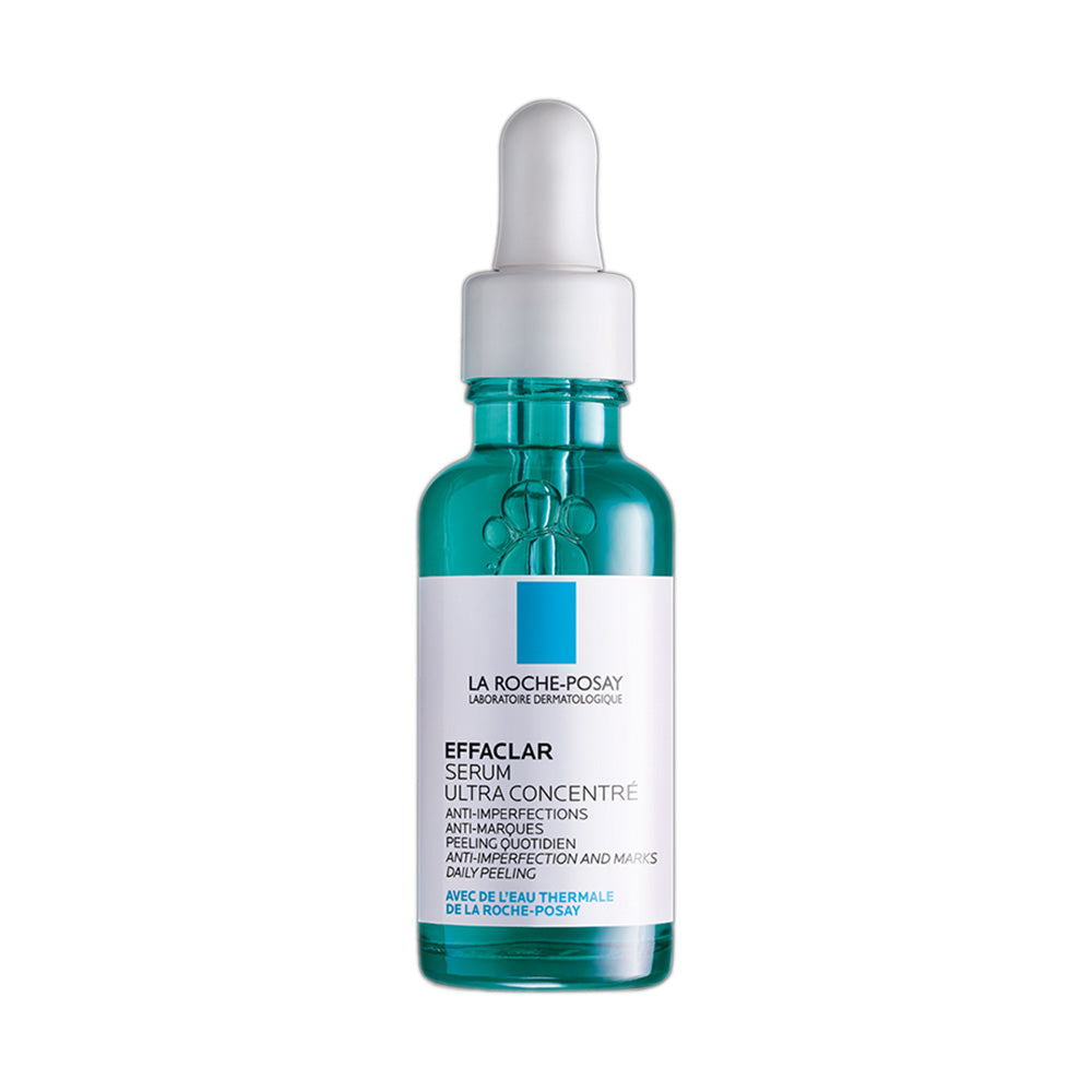 Refect Beauty La Roche-Posay Effaclar Salicylic Acid acne serum in a teal glass bottle with a white dropper cap.