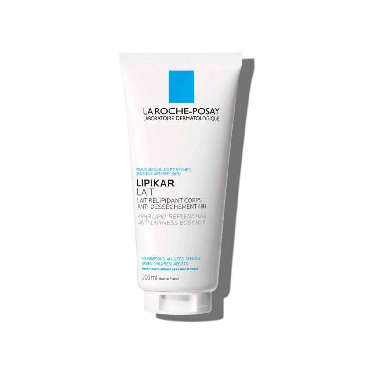 Refect Beauty La Roche-Posay Lipikar Lait 200ml body lotion for sensitive, dry skin in a white squeeze tube.