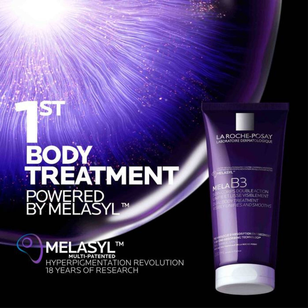 Refect Beauty La Roche-Posay Mela B3 Dual Body Treatment tube against a purple abstract light background