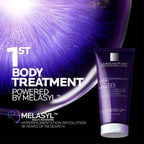 Refect Beauty La Roche-Posay Mela B3 Dual Body Treatment tube against a purple abstract light background