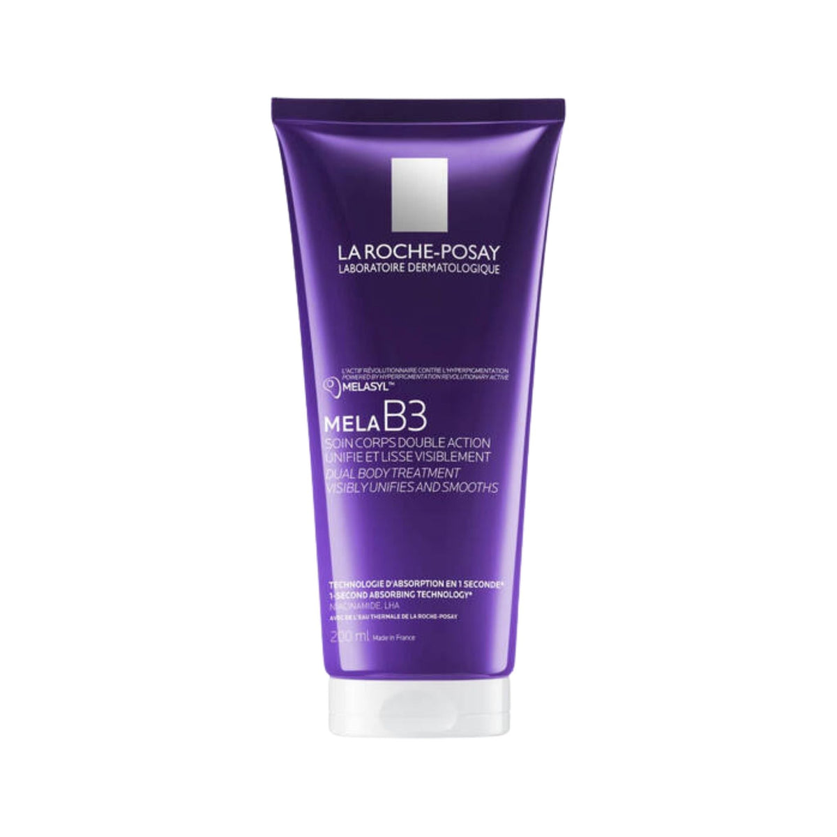 Refect Beauty La Roche-Posay Mela B3 Dual Body Treatment in a purple 200ml squeeze tube for dark spots and hydration.