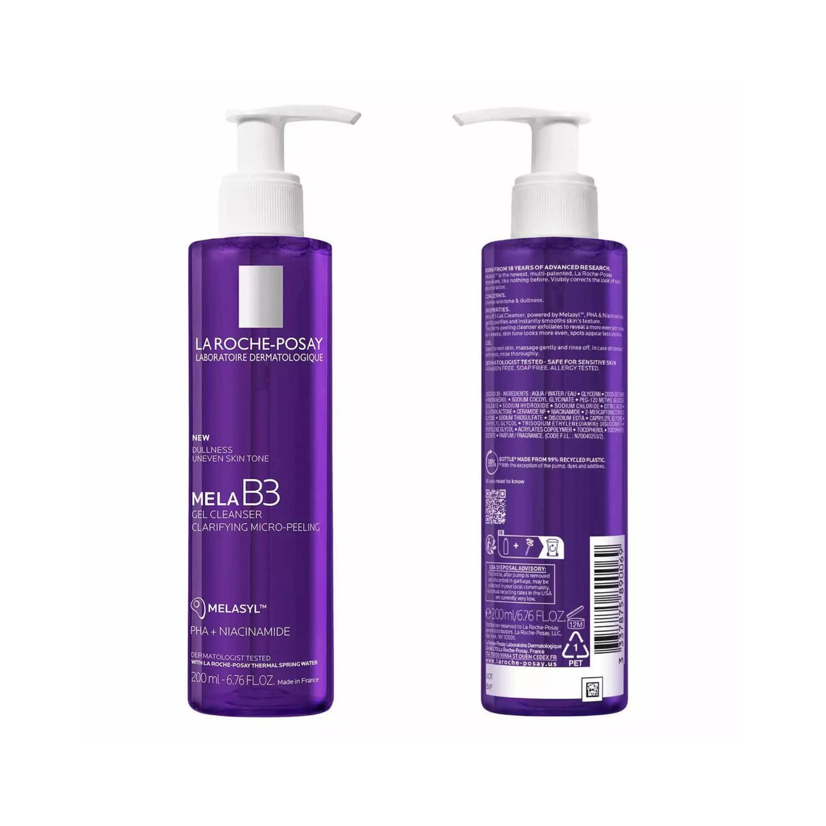 Refect Beauty La Roche-Posay Mela B3 Gel Cleanser bottle showing front and back labels for dark spot correction.