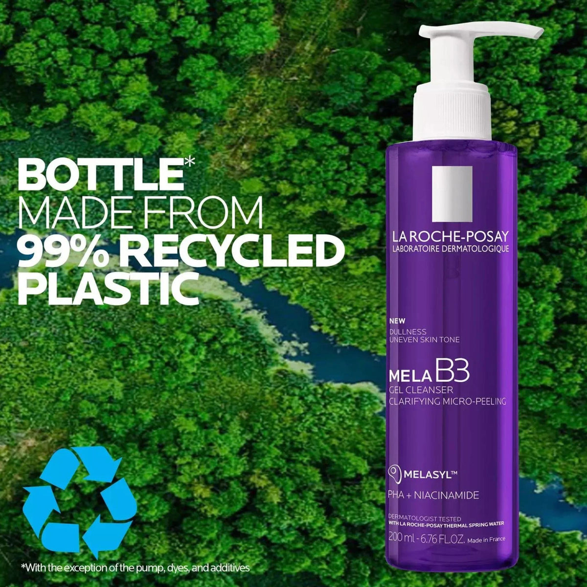 Refect Beauty La Roche-Posay Mela B3 Gel Cleanser in a purple bottle against a forest background