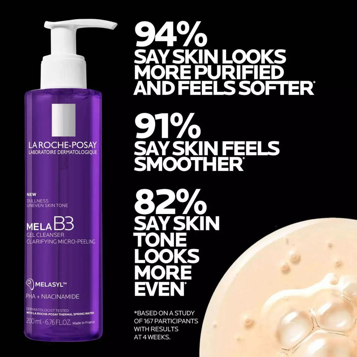 Refect Beauty La Roche-Posay Mela B3 Gel Cleanser bottle with clinical trial results for skin brightening and texture