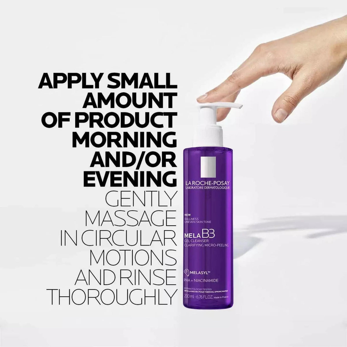Refect Beauty La Roche-Posay Mela B3 Gel Cleanser bottle with pump, featuring instructions for daily skincare use.