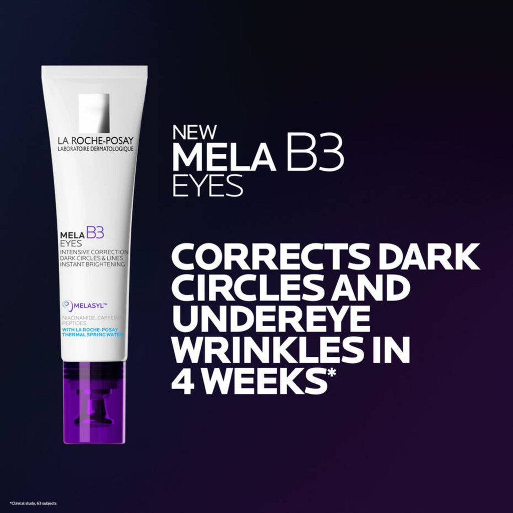 Refect Beauty La Roche-Posay Mela B3 eye cream tube with cryo-cooling applicator for dark circles and wrinkles on a dark background with description.