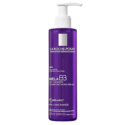 Refect Beauty La Roche-Posay Mela B3 micro-peeling gel cleanser in a purple pump bottle for uneven skin tone.