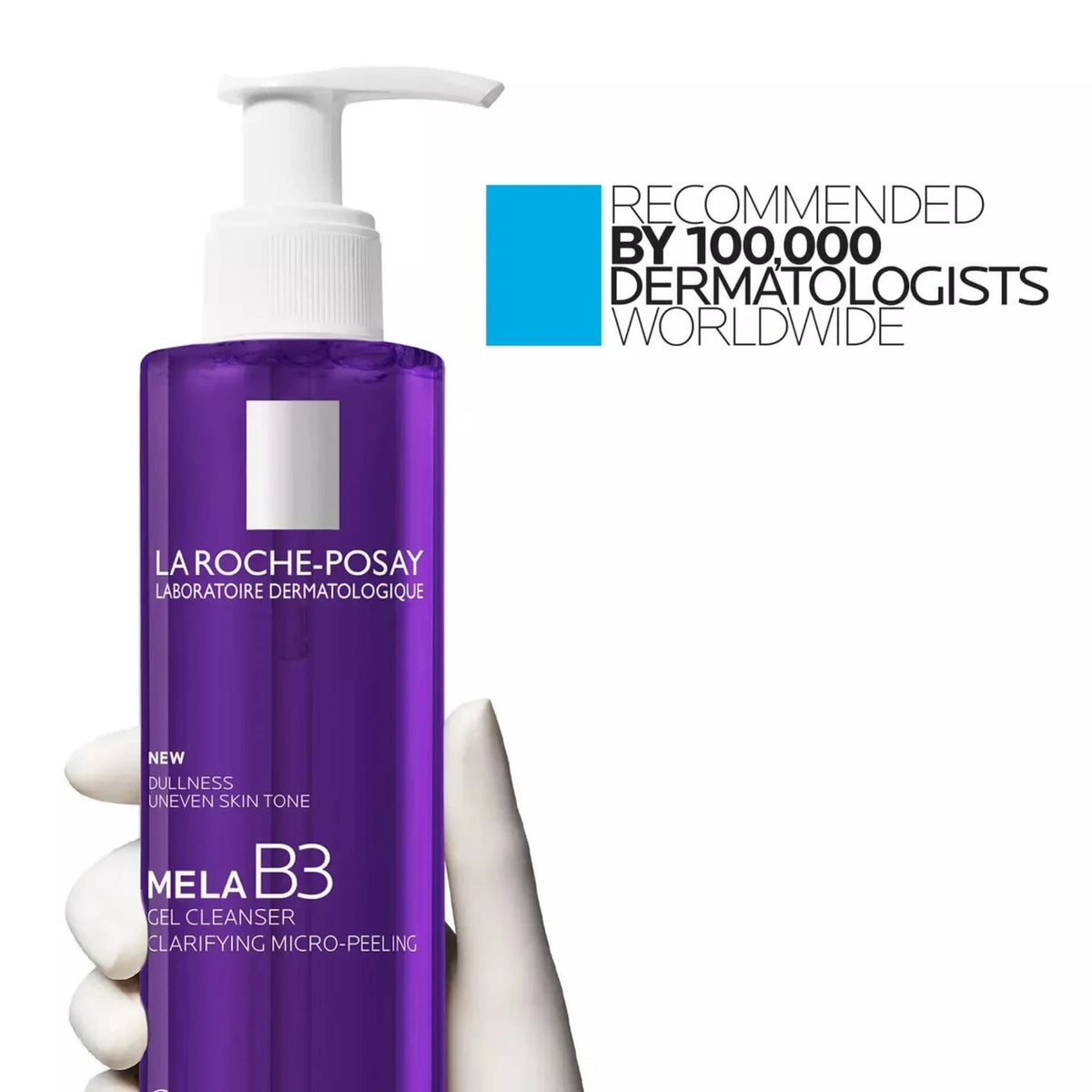 Refect Beauty La Roche-Posay Mela B3 Gel Cleanser in a purple bottle held by a gloved hand for skin brightening.