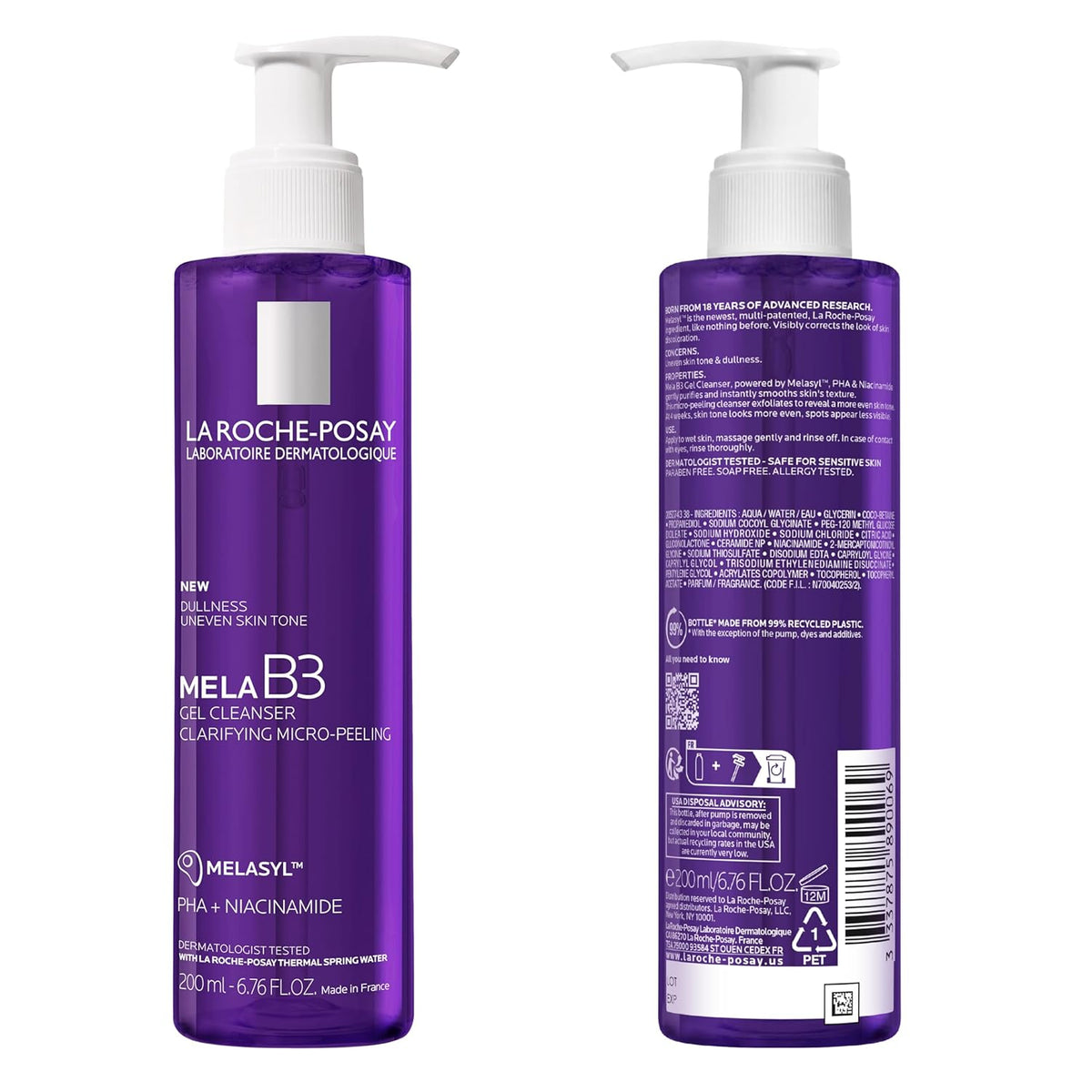 Refect Beauty La Roche-Posay Mela B3 Gel Cleanser in a purple bottle with a pump for exfoliating sensitive skin
