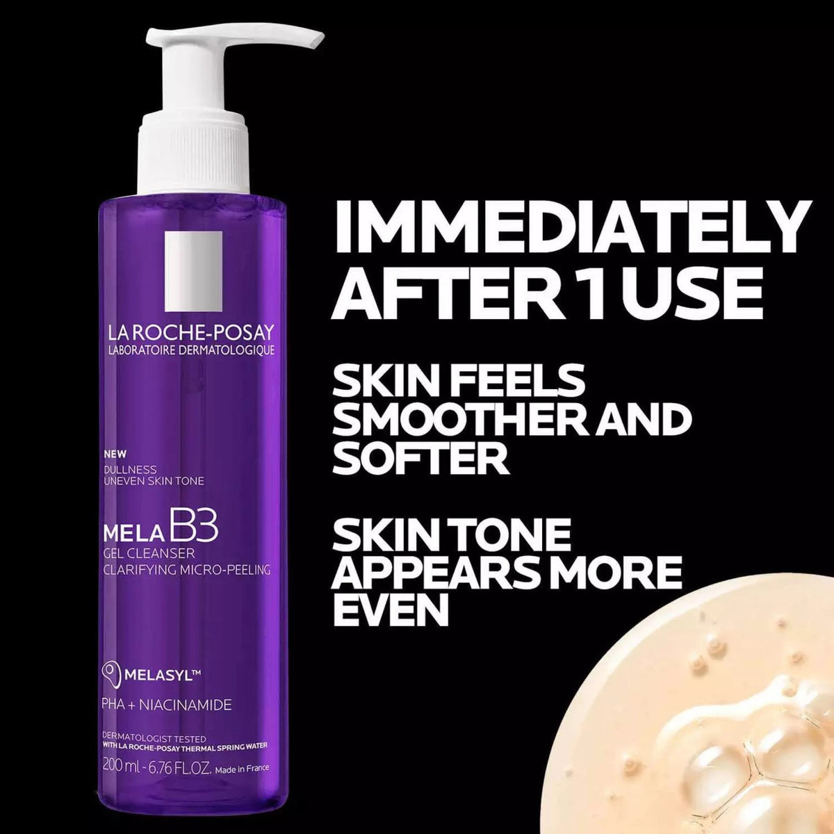 Refect Beauty La Roche-Posay Mela B3 Gel Cleanser in a purple bottle with a pump, featuring micro-peeling benefits.