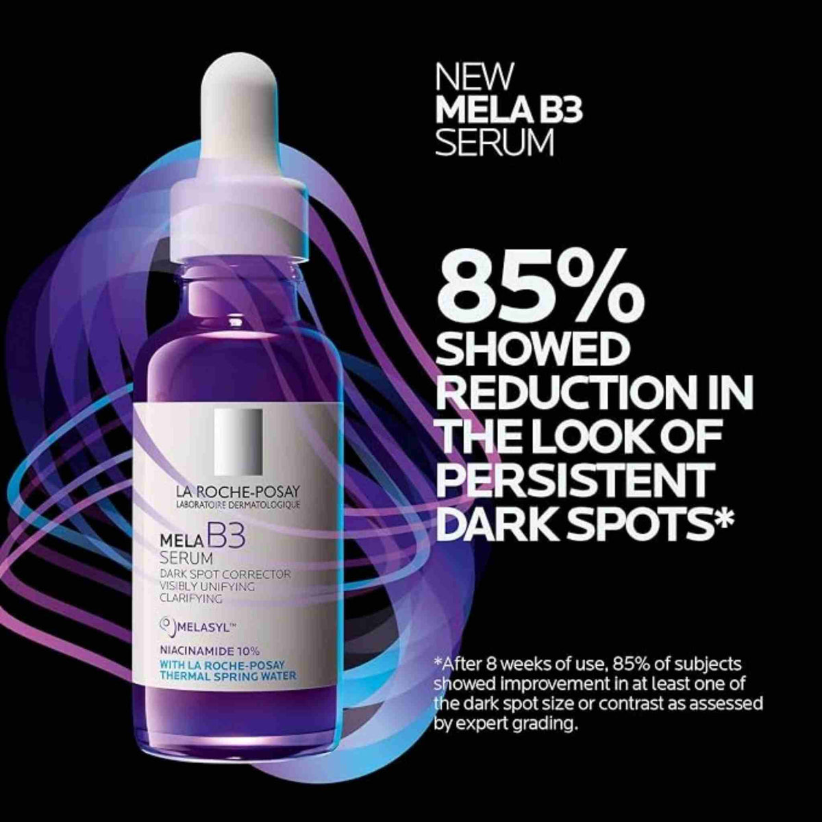 Refect Beauty La Roche-Posay Mela B3 dark spot serum bottle with purple light trails on a black background