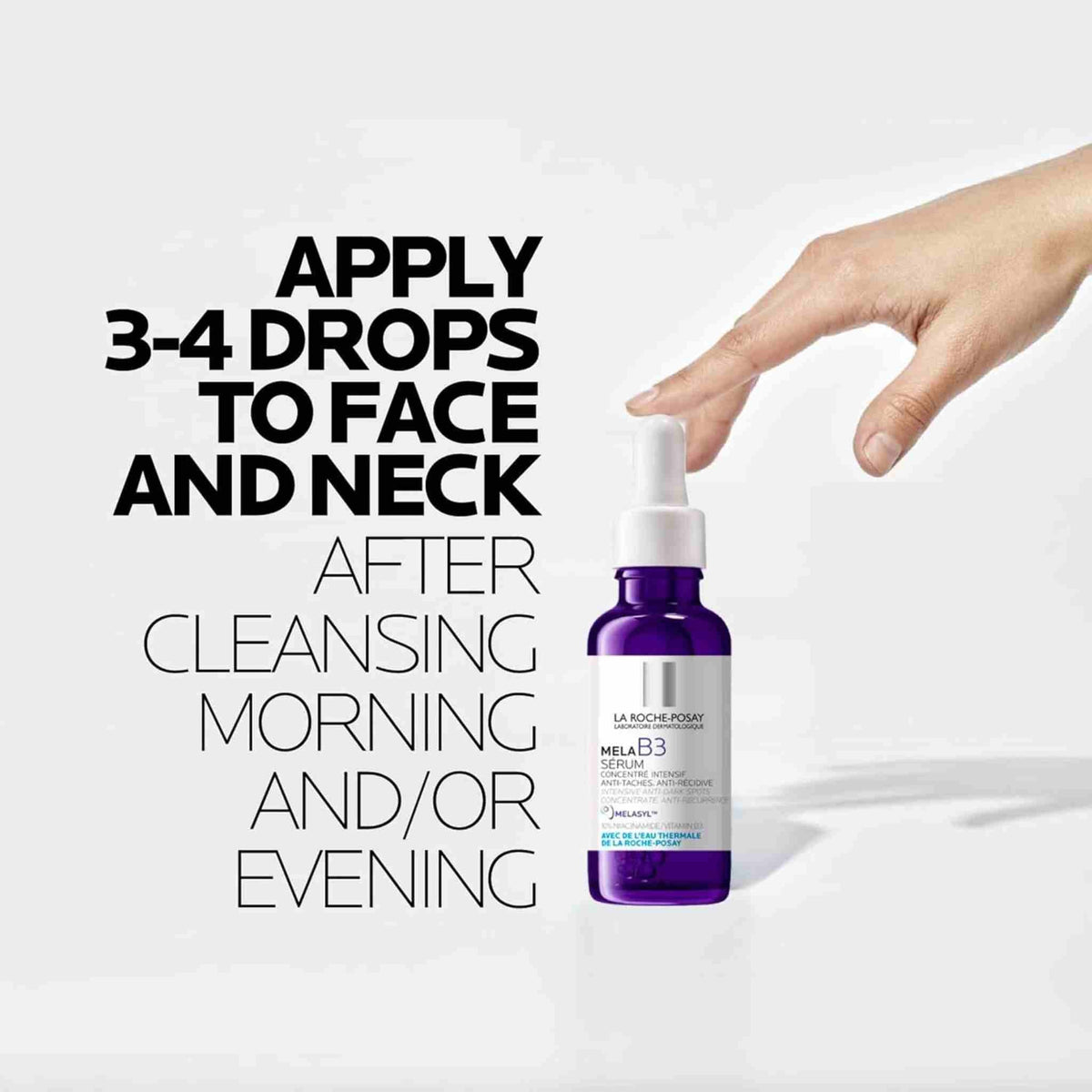 Refect Beauty La Roche-Posay Mela B3 dark spot serum in a purple glass bottle with a dropper, shown with usage text.
