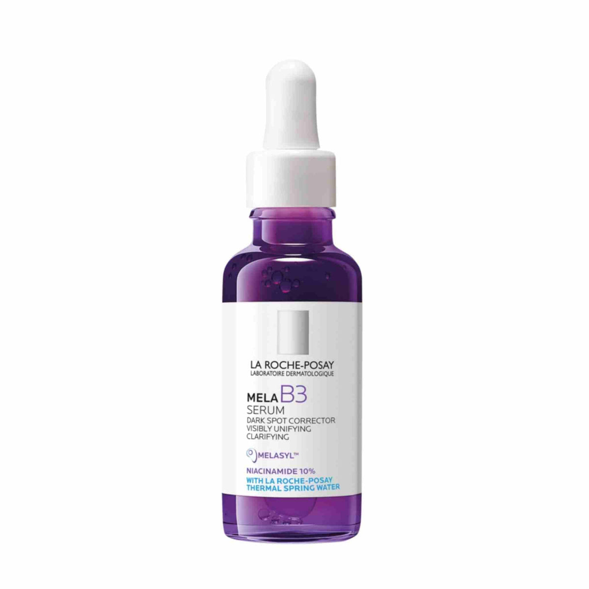 Refect Beauty La Roche-Posay Mela B3 Intensive Concentrate Serum in a purple glass bottle with a white dropper cap.