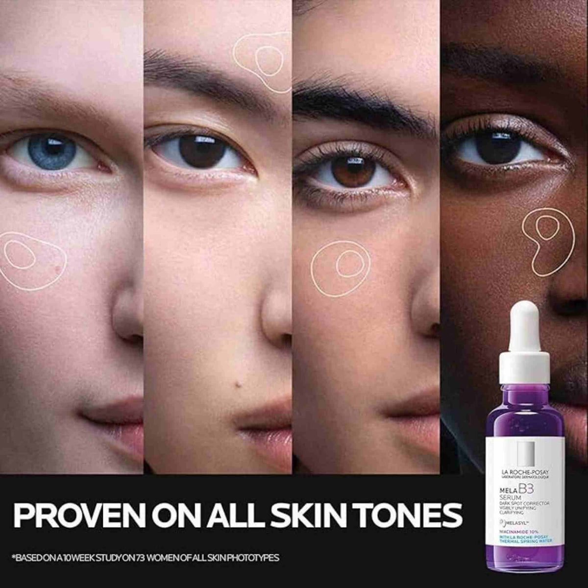 Refect Beauty La Roche-Posay Mela B3 serum bottle shown with diverse skin tones to demonstrate dark spot correction