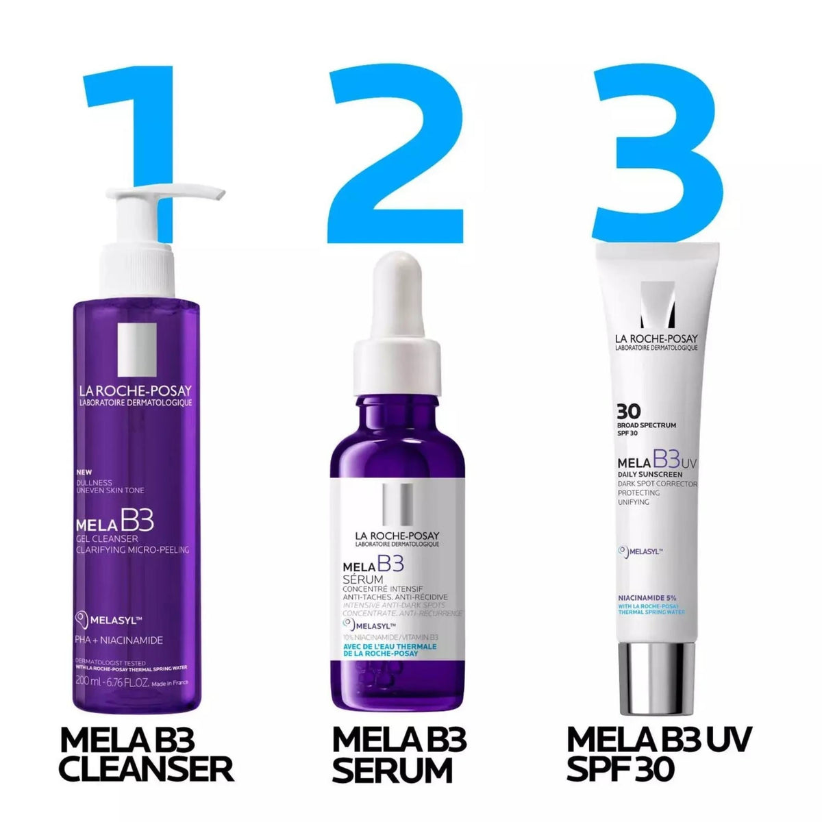 Refect Beauty La Roche-Posay Mela B3 skincare set featuring a gel cleanser, serum, and SPF 30 sunscreen in purple