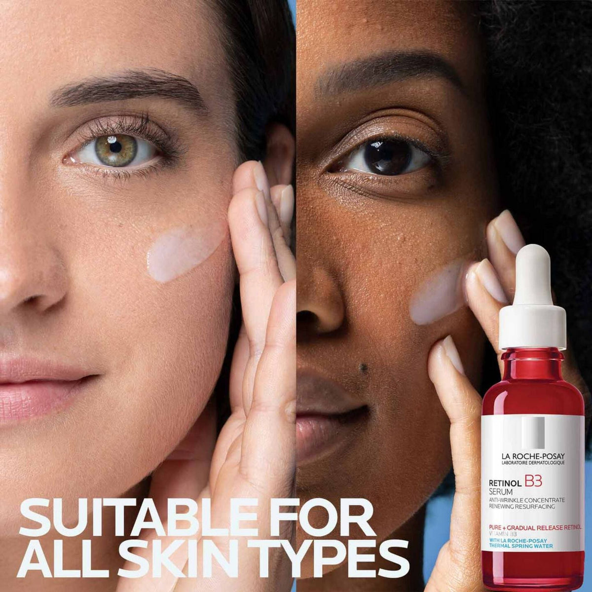 Refect Beauty La Roche-Posay Retinol B3 serum applied to the cheeks of two diverse women with different skin tones