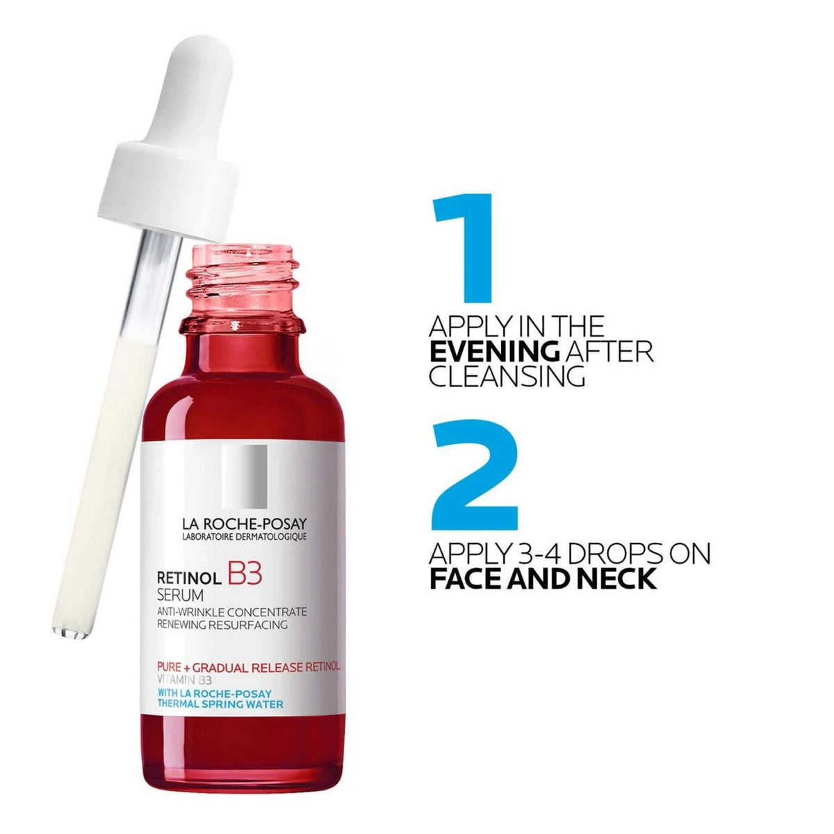Refect Beauty La Roche-Posay Retinol B3 serum bottle with dropper and application instructions for evening use