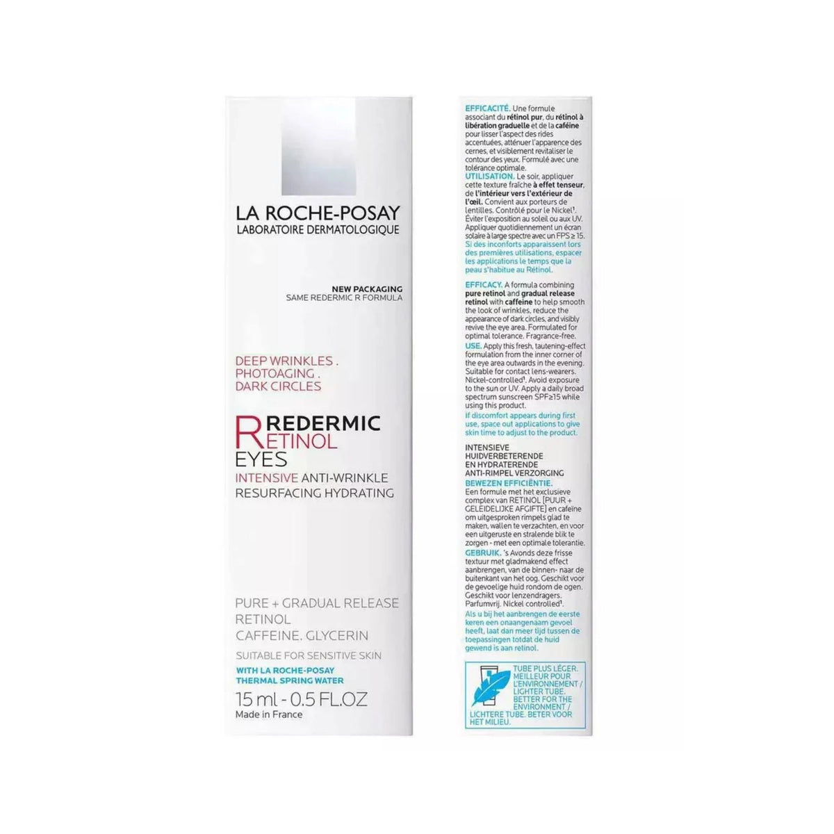 Refect Beauty La Roche Posay Redermic Retinol eye cream box for sensitive skin, targeting wrinkles and dark circles.