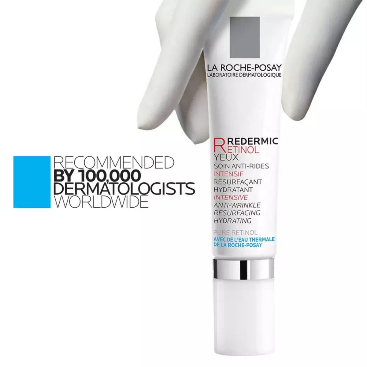 Refect Beauty La Roche Posay Redermic Retinol eye cream tube for sensitive skin, held by a gloved hand.