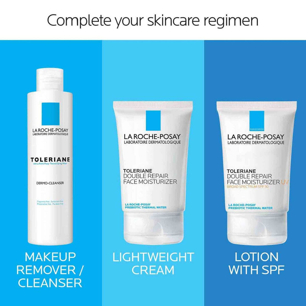 Refect Beauty skincare regimen featuring La Roche-Posay Toleriane cleanser, moisturizer, and SPF lotion for sensitive skin