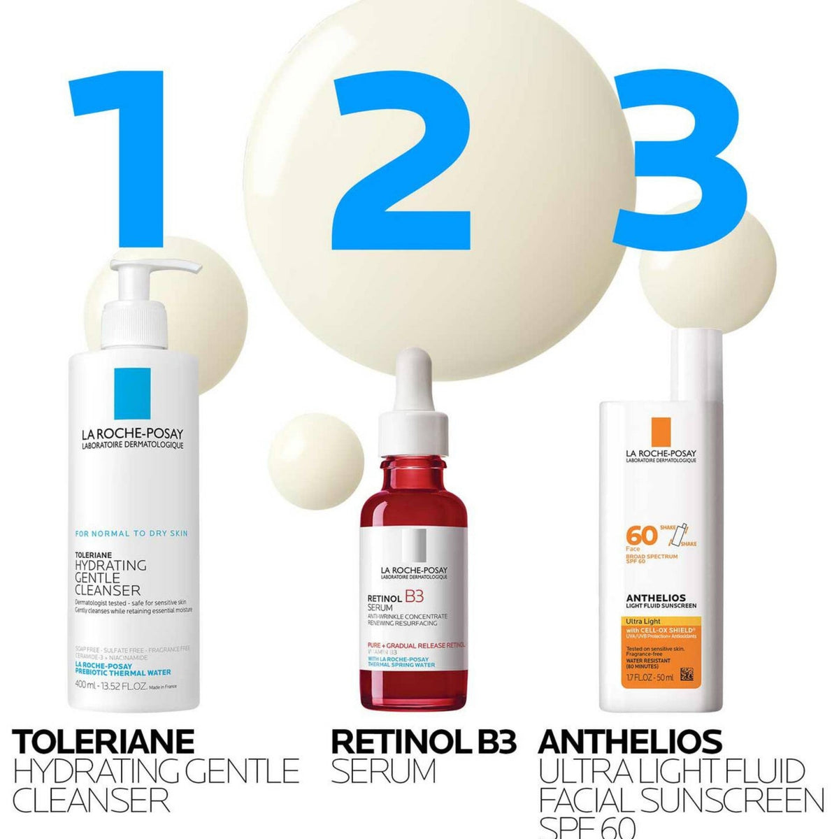 Refect Beauty collection featuring La Roche-Posay Toleriane cleanser, Retinol B3 serum, and Anthelios SPF 60 sunscreen
