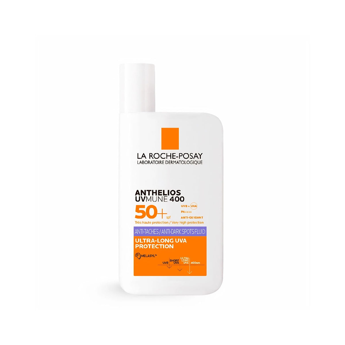 Refect Beauty La Roche-Posay Anthelios Anti-Dark Spots Fluid SPF 50+ sunscreen bottle with UVMune 400 technology.
