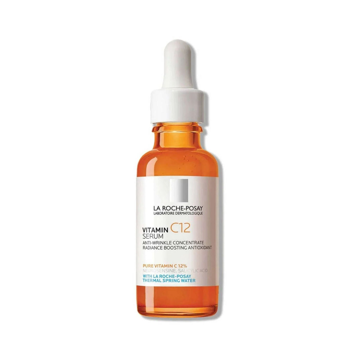 Refect Beauty La Roche-Posay Vitamin C 12 Serum in an amber glass bottle with a white dropper cap for anti-aging.