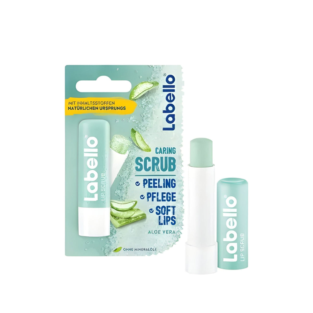 Refect Beauty Labello Aloe Vera lip scrub and caring balm in green packaging with exfoliating texture
