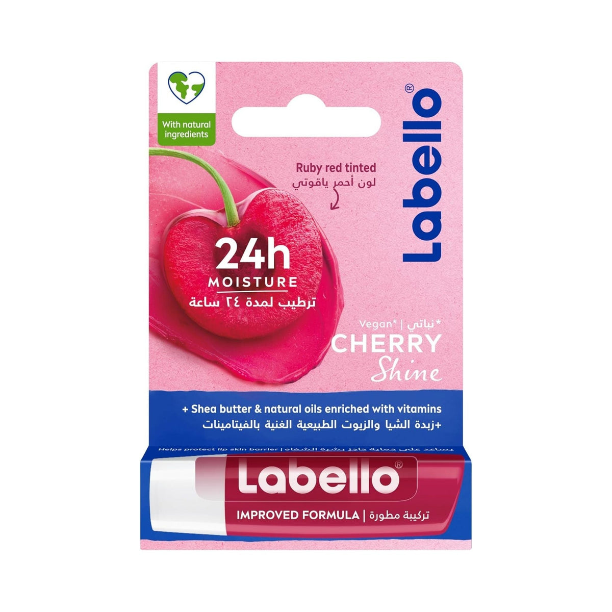 Refect Beauty Labello Cherry Shine lip balm in pink packaging with a red cherry graphic and 24h moisture label.