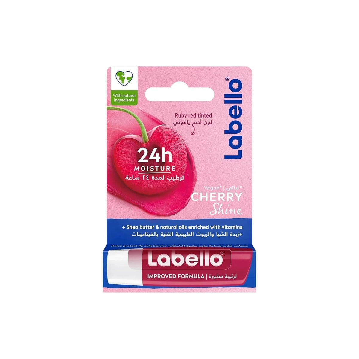 Refect Beauty Labello Cherry Shine lip balm in packaging with ruby red cherry graphic and 24h moisture label