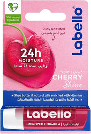 Refect Beauty Labello Cherry Shine lip balm packaging featuring a ruby red cherry graphic and 24h moisture claim.