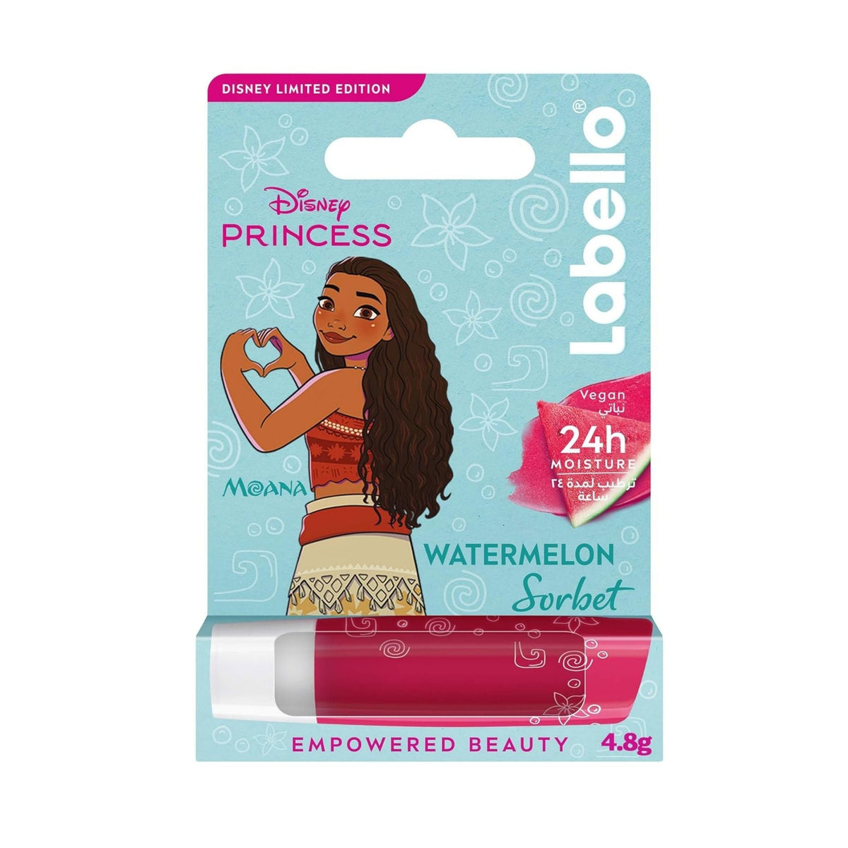 Refect Beauty Labello Moana limited edition watermelon sorbet lip balm with Disney Princess branding on packaging