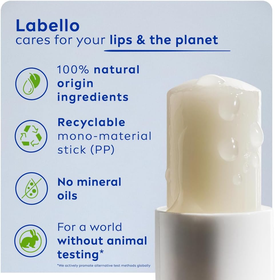 Refect Beauty Labello 24H Melt-In Moisture lip balm stick showing natural ingredients and recyclable packaging.