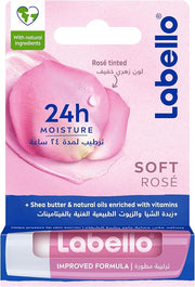 Refect Beauty Labello Soft Rose lip balm packaging featuring a rose petal design and 24h moisture claim.
