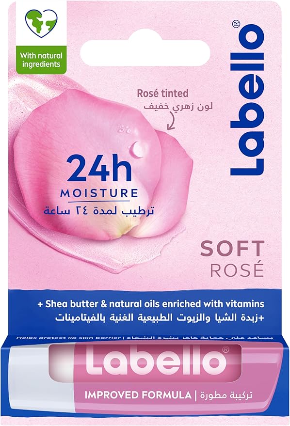 Refect Beauty Labello Soft Rose lip balm packaging featuring a rose petal design and 24h moisture claim.