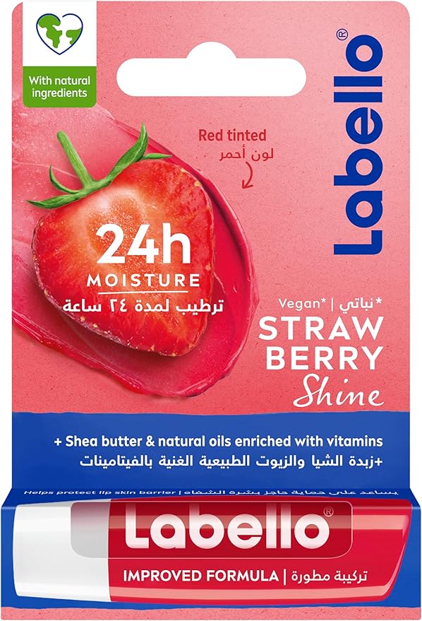 Refect Beauty Labello Strawberry Shine lip balm packaging with red strawberry graphic and 24h moisture label