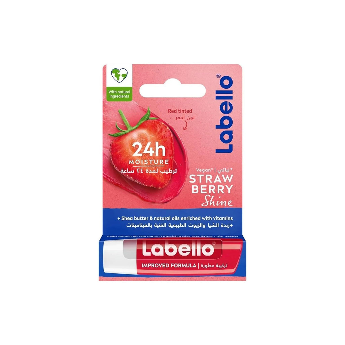 Refect Beauty Labello Strawberry Shine lip balm packaging with red strawberry graphic and 24h moisture label