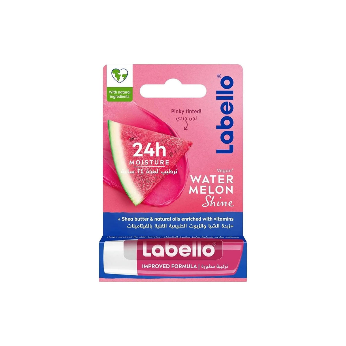 Refect Beauty Labello Watermelon Shine lip balm in packaging with pink tint and 24-hour moisture formula