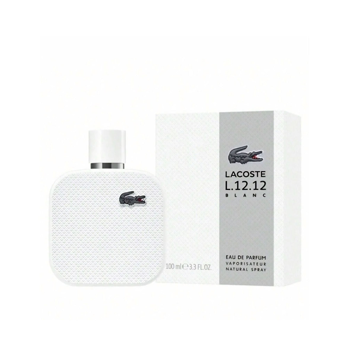 Refect Beauty Lacoste L.12.12 Blanc Eau de Parfum 100ml bottle and white textured box with iconic crocodile logo