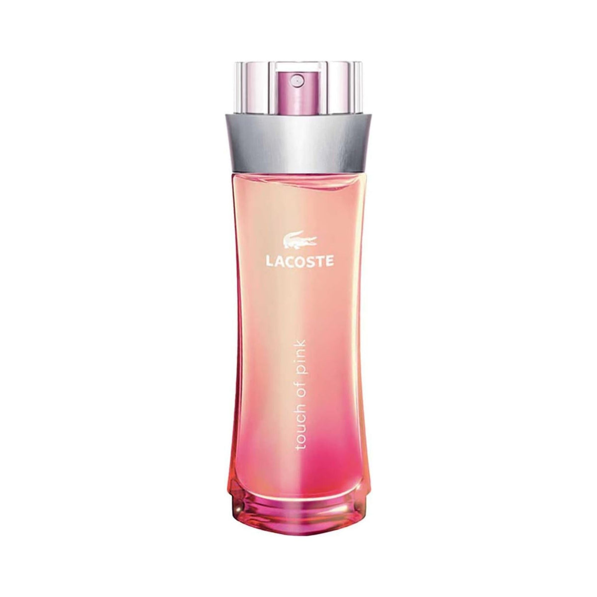 Refect Beauty Lacoste Touch of Pink Eau de Toilette in a slender pink gradient glass bottle with a silver cap.