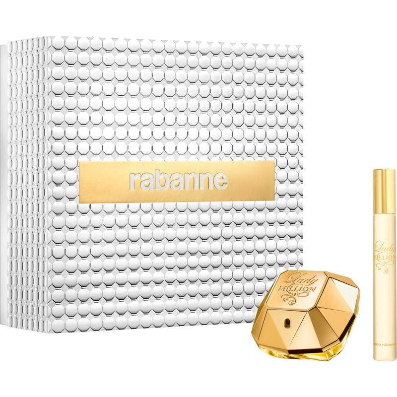 Refect Beauty Paco Rabanne Lady Million gift set featuring a diamond-shaped perfume bottle and travel spray