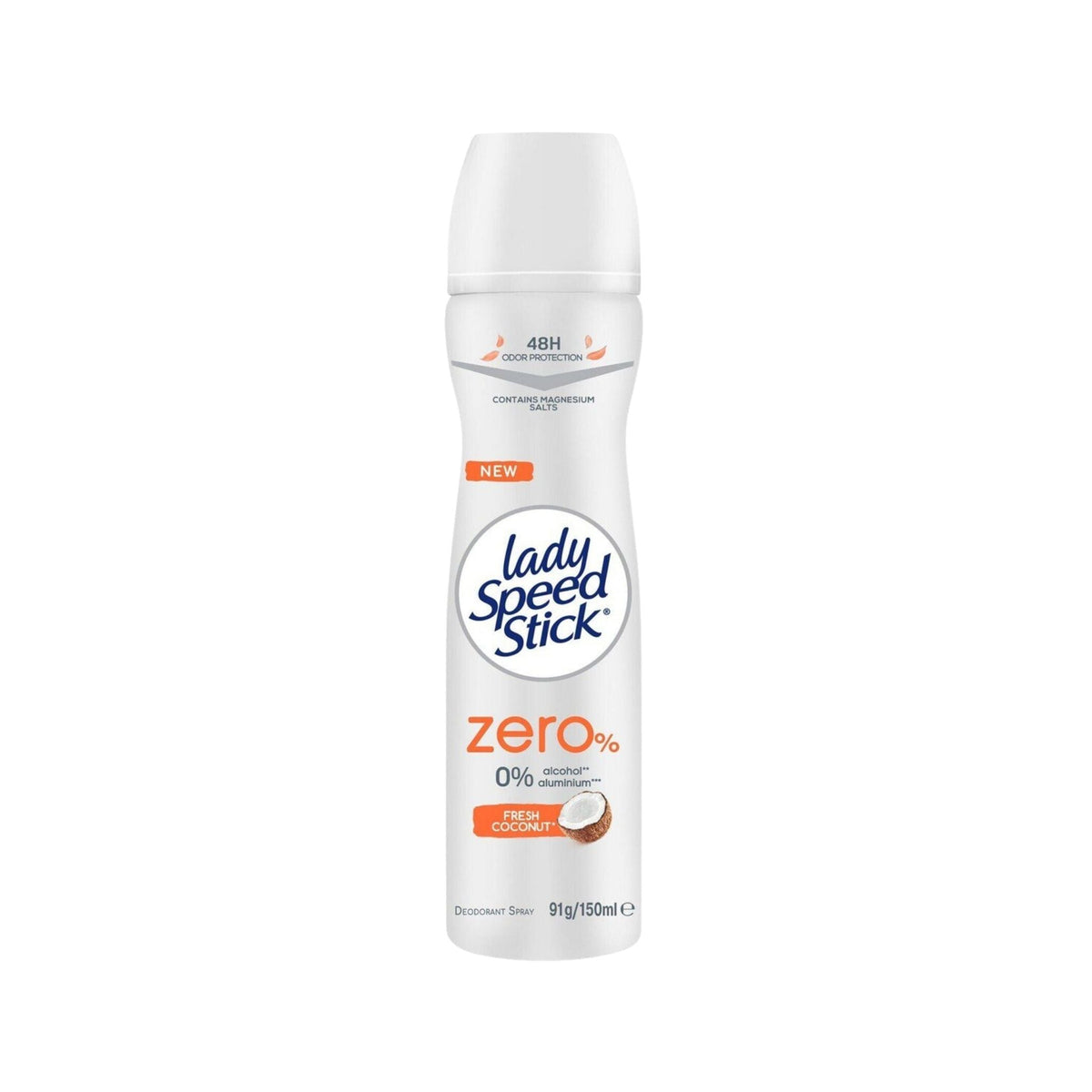 Refect Beauty Lady Speed Stick Zero% Fresh Coconut deodorant spray can with 48-hour odor protection and no aluminum.