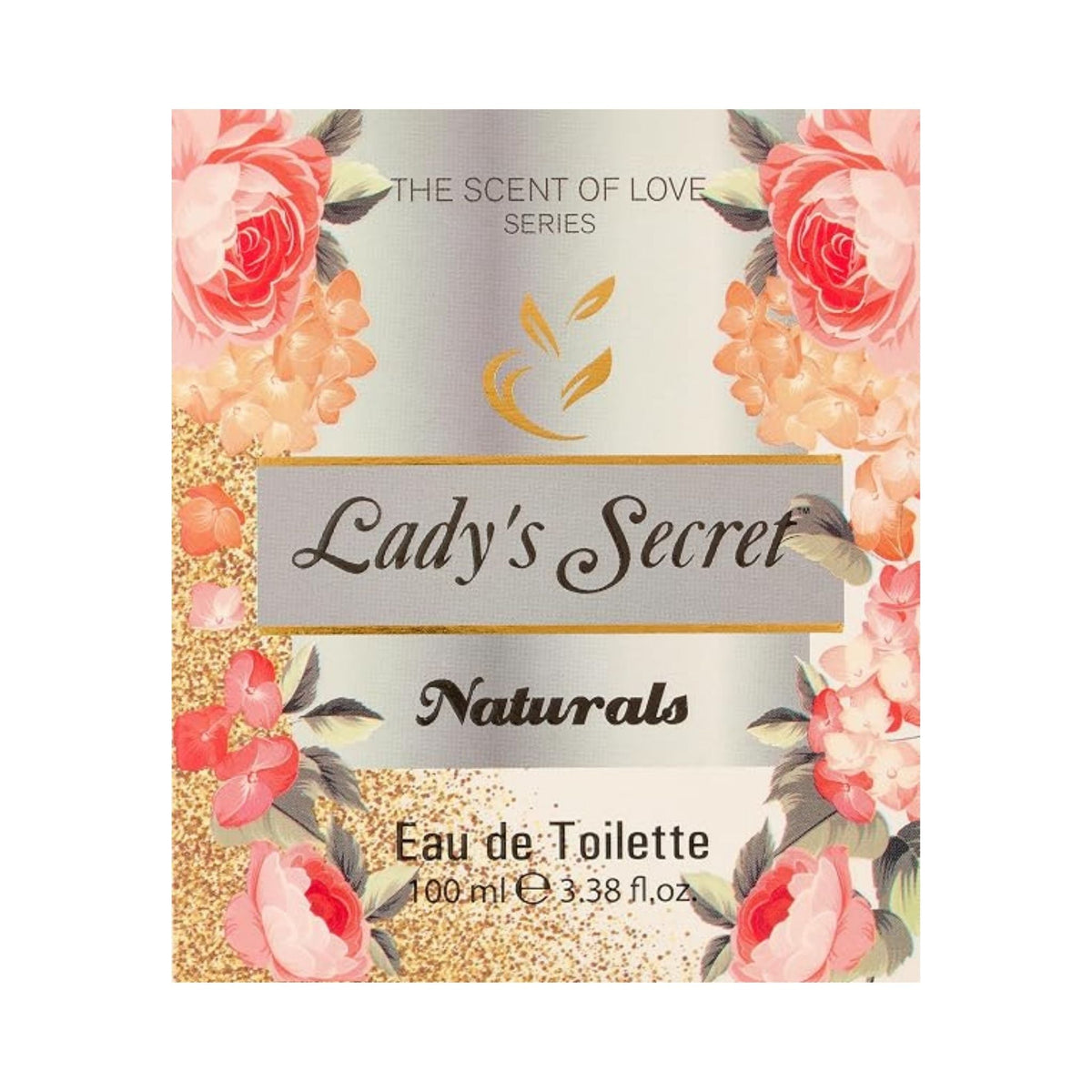 Refect Beauty Lady's Secret Naturals Eau de Toilette perfume bottle with floral rose and gold glitter design
