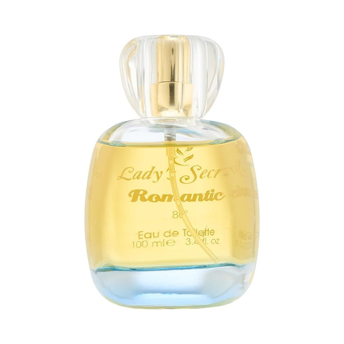 Refect Beauty Lady’s Secret Romantic Eau de Toilette in a clear glass bottle with a gold pump and floral design.